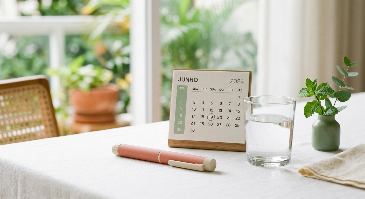 Mãos segurando caneta aplicadora de Tirzepatida próximo a um calendário e um relógio, indicando a escolha do melhor horário.