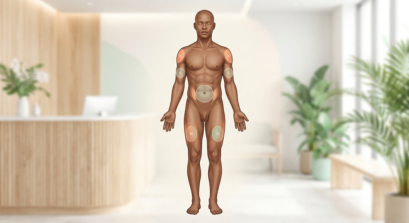 Ilustração das áreas de aplicação do Mounjaro no corpo humano destacando abdômen, coxas e braços.