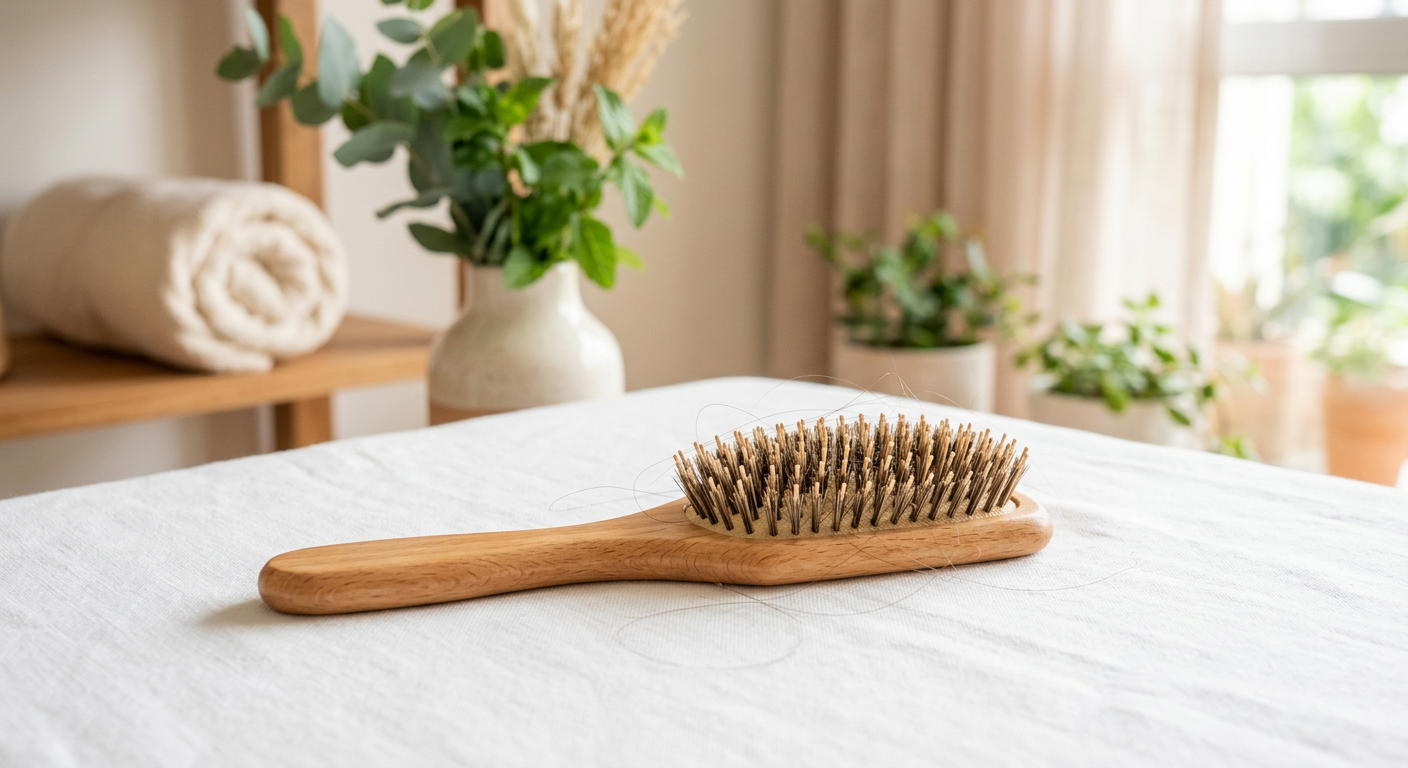 Escova de cabelo com alguns fios sobre uma mesa, simbolizando a preocupação com a queda de cabelo durante o tratamento com Mounjaro.