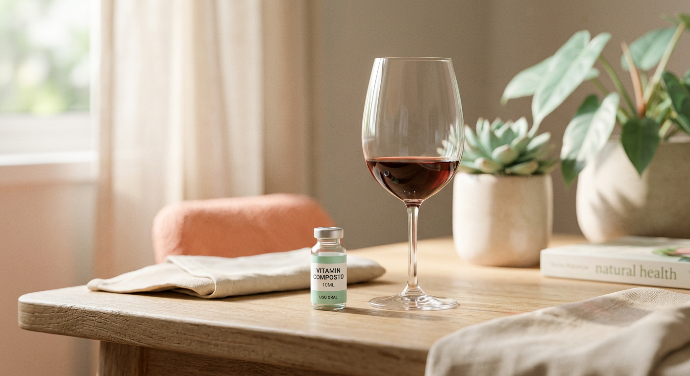 Frasco de Tirzepatida sobre uma mesa com uma taça de vinho ao fundo embaçada, simbolizando cautela. Frasco de Tirzepatida sobre uma mesa com uma taça de vinho ao fundo embaçada, simbolizando cautela.