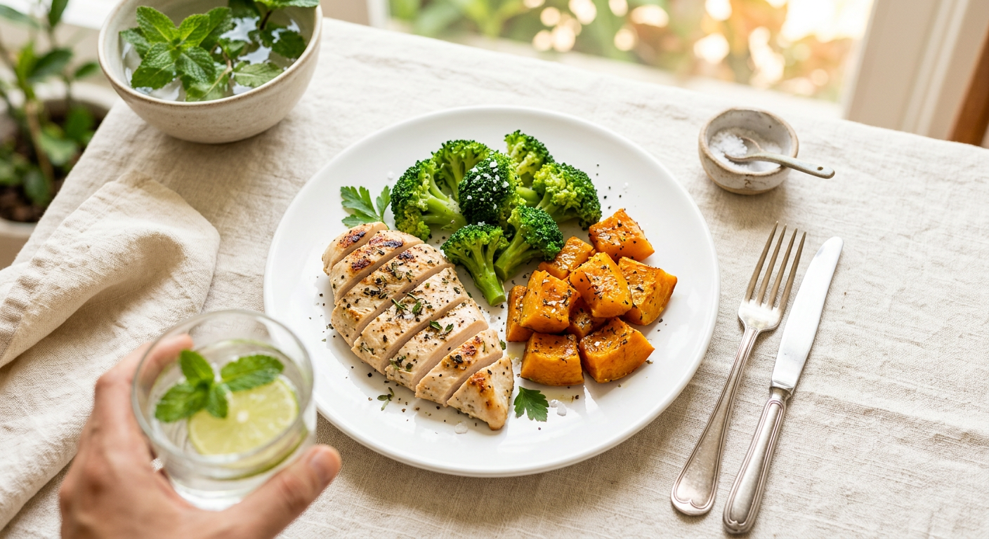 Variedade de alimentos saudáveis como ovos, frango e vegetais para o cardápio Mounjaro.