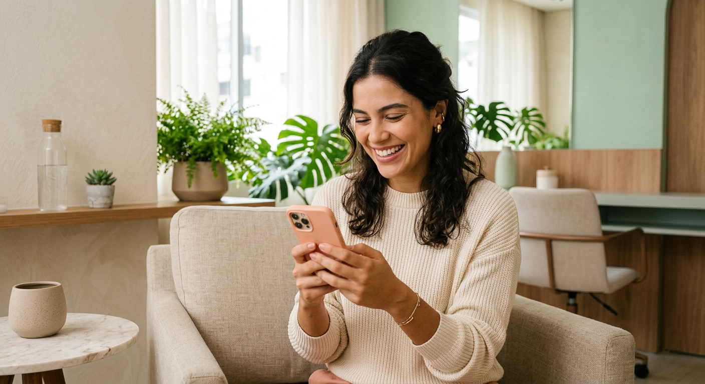 Pessoa sorridente segurando um smartphone com o site da SlimYou aberto, simbolizando onde encontrar tirzepatida.