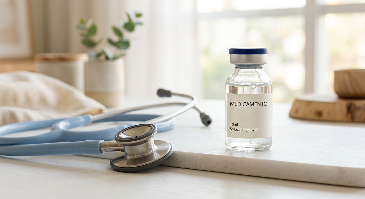 Frasco de medicamento e estetoscópio sobre mesa branca, representando como comprar Tirzepatida com segurança.