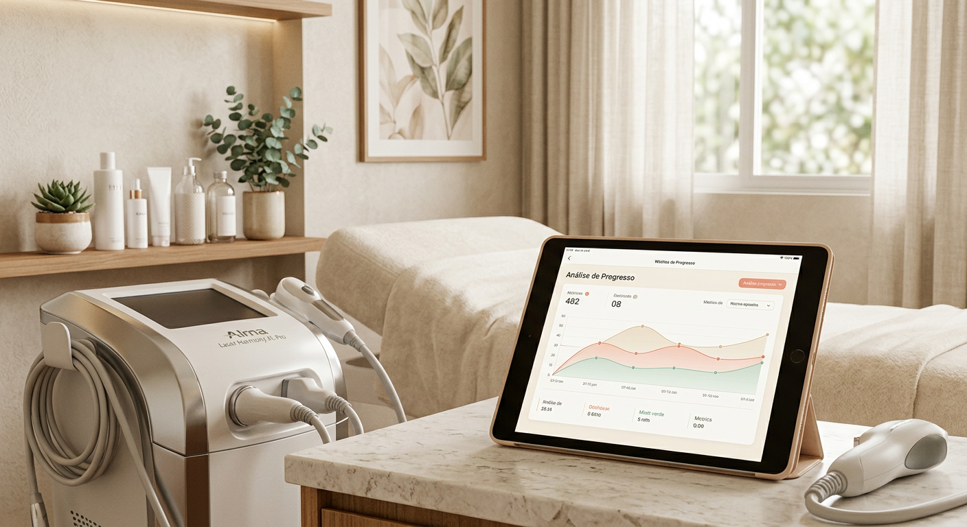Pessoa segurando um dispositivo médico moderno sobre uma mesa com um tablet exibindo gráficos de saúde, simbolizando onde comprar tirzepatida.
